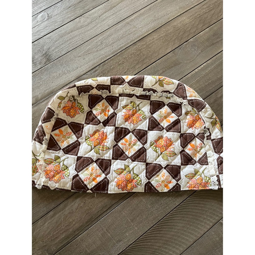Vintage Quilted Toaster Cover Brown Orange Floral Lace Trim Retro Kitchen Decor